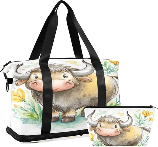 Travel Duffel Bags for Women Cute Cartoon Yak with Wildflowers Sports Duffel Bags Gym Bags with Shoes Compartment Tote Bag Weekender Bag for Travelling