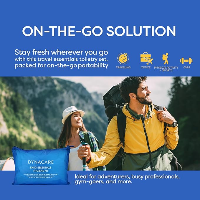 Dynarex DynaCare Daily Hygiene Kit - Travel Essentials Toiletry Bag - Includes TSA Approved Shampoo, Toothbrush Set, Razor and More - Blue, 1 Kit (10-Pieces)