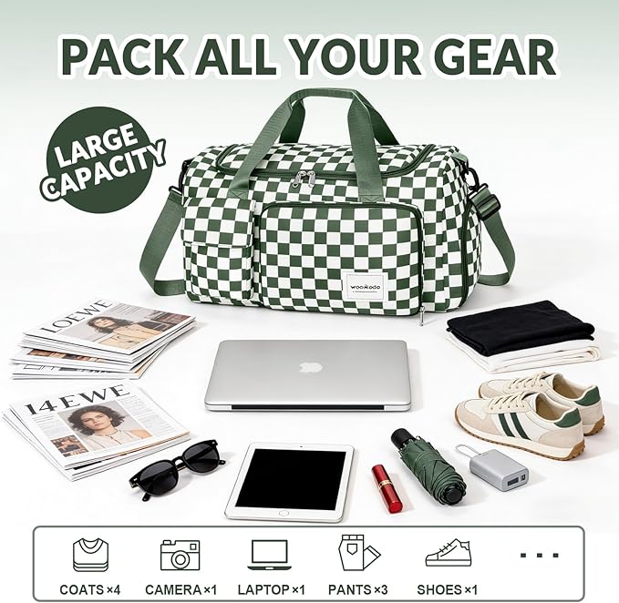 WOOMADA Foldable Travel Duffel Bag for Women, Weekender Bags with Shoes Compartment,Overnight Bag with Wet Pocket & Trolley Sleeve(green checkerboard)