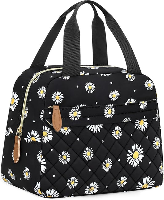 Insulated Lunch Bag for Women, Portable Lightweight Lunch Box for Adults, Reusable Small Lunch Tote Cooler Bags with Front Zipper Pocket for Work School Picnic(Black-Floral)