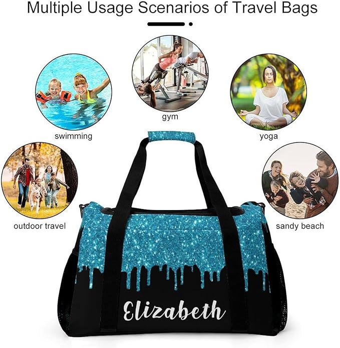 Custom Teal Blue Bling Sequin Print Duffel Bag with Name Adjustable Shoulder Strap Casual Bag for Teens Adults Handheld Crossbody Travel Bag
