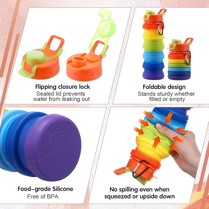 Sunnyray Collapsible Water Bottles Bulk Foldable Water Bottles 17oz Silicone Portable Leak Proof Reusable Sports with Clip for Travel Hiking Camping Outdoor(Colorful,30 Pack)