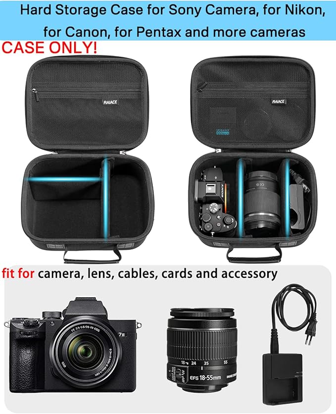 RAIACE Hard Case Compatible with Sony Alpha 7 II III IV/7R V Camera, for Nikon, for Canon, for Pentax and More. Mesh Pocket for Charger, Cables, Cards and Accessories. (case only) - Black