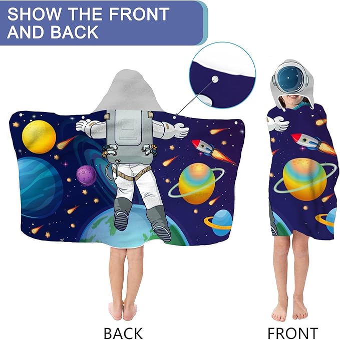 Outer Space Theme Kids Hooded Towel - 30"x50", Cool Microfiber Soft Bath Towel Poncho for Boys & Girls Swim Pool