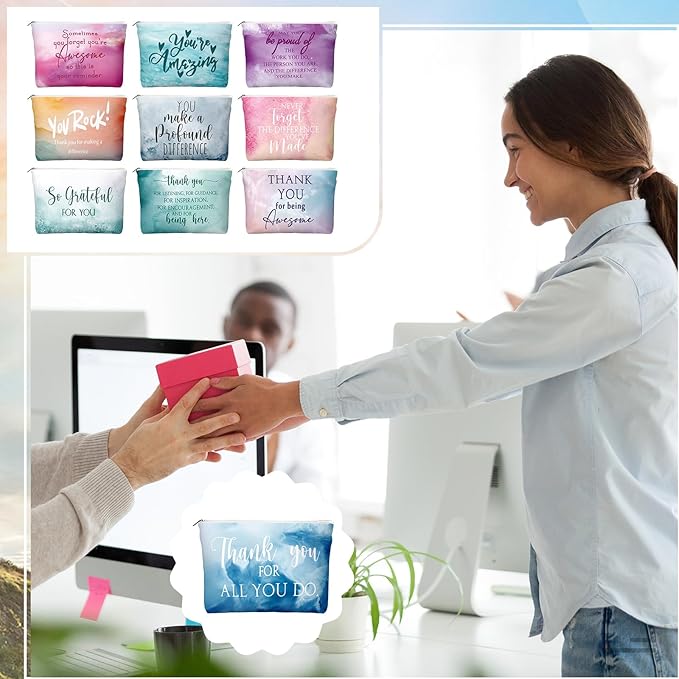 40 Pcs Employee Appreciation Gifts For Women Inspirational Canvas Makeup Bags Portable Compact Mirror Bulk Cosmetic Bags Thank You Gifts for Social Worker Coworkers (Recognition,Pastel)