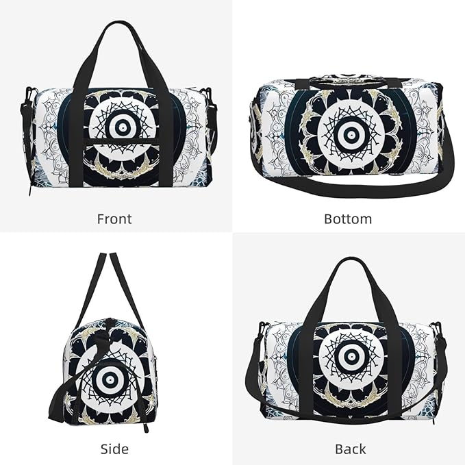 Black White Round Totem Print Gym Bag with Shoe Compartment for Women Men, 17.7in Sports Duffle Weekender Tote, Overnight Travel Duffel Bag Carry On