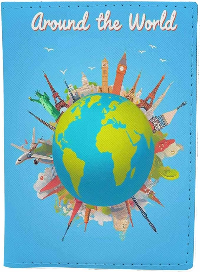 Travel to World Passport Holder for Travel Road Trip Landmarks on the Globe PU Leather Passport Cover Wallet Cute Passport Card Holder for Women and Men