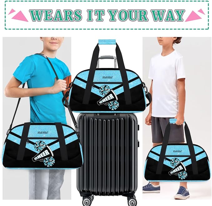 Custom Name Black Blue Cheerleading Gym Travel Duffle Bag with Front Zipper Pocket Personalizedfor Sports Bag for Overnight, Weekender, Carry On,Workout & Dance, 18.9 * 8.7 * 10.6 in