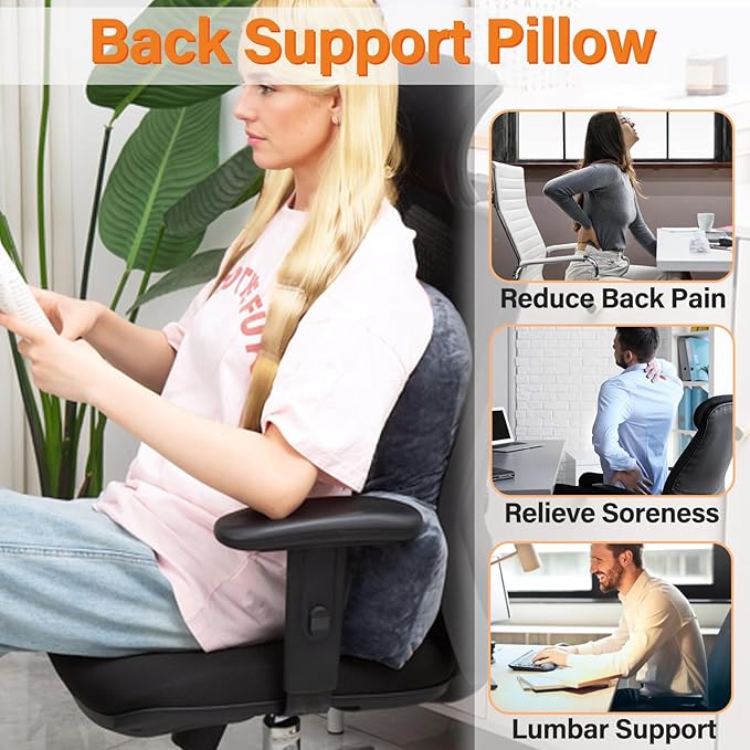 Back Pillow for Chair, Memory Foam Lumbar Pillow for Back Support, Back Rest Cushion for Office, Sofa, Couch Sitting, Recliner, Bed and Lower Back Pain (Grey)