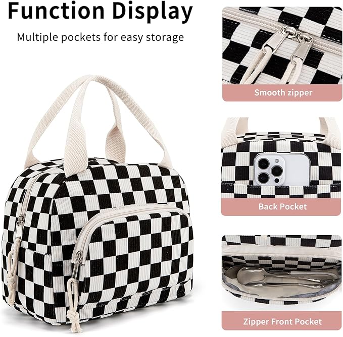 Lunch Bag Women Lunch Box for Women Adult Cute Insulated Lunch Bag Small Cooler Lunch Tote Bags for Work Picnic School (Black-White Plaid)