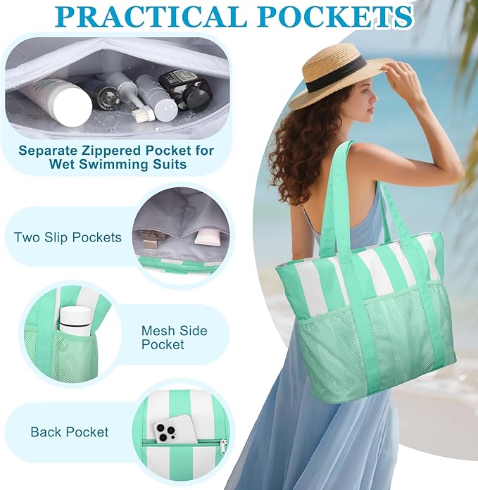 VASCHY Beach Bag for Women, Foldable Waterproof Sandproof Beach Tote with Zipper/Mesh Pockets for Vocation/Cruise/Gym/Travel