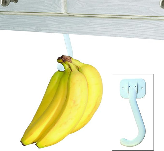 Gadjit Banana Hook (2 Pack) Hanger - Under Cabinet Hook to Hang Bananas. Folds Up Out of Sight When Not in Use. Mounting Adhesive Included. Prevents Bruising (White)