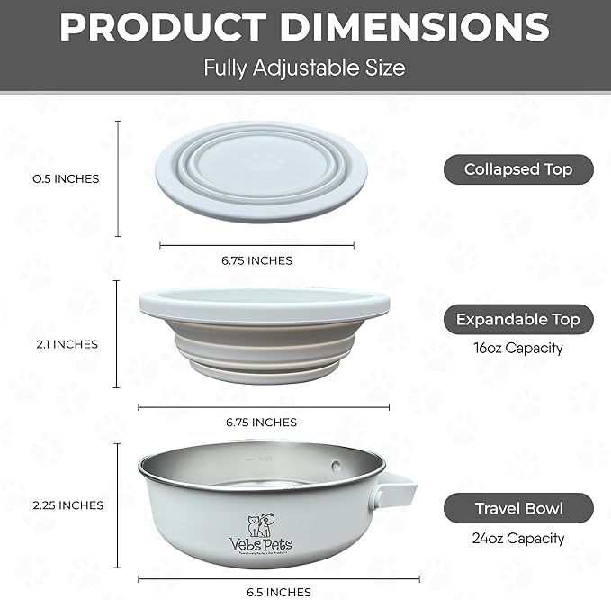 Vebs Pets- Stainless Steel Dog Bowl 30 oz, W/Collapsible Bowl Lid 20 oz W/Handle, Leak Proof, Non Slip, Food & Water Pet Bowls for Dogs & Cats, Medium Dogs, Portable Travel Dog (Vaporous Grey)