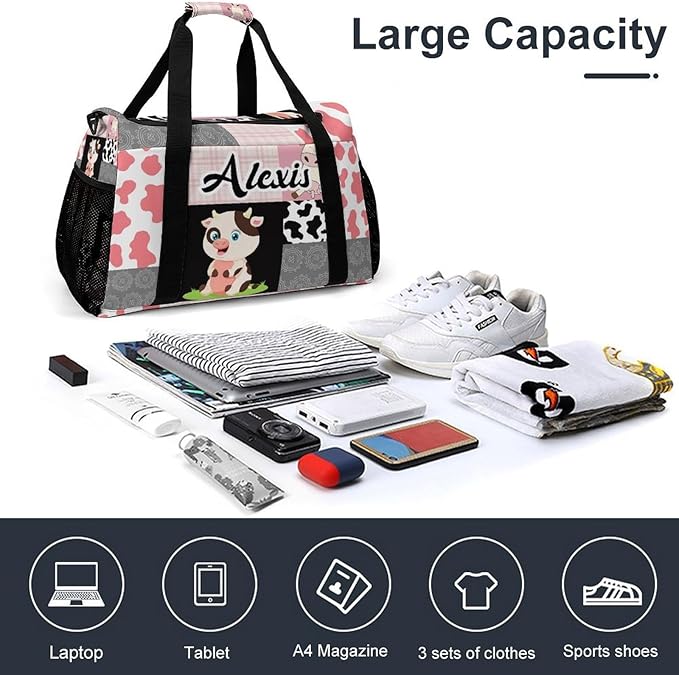 Personalized Pink Grey Patchwork Cow Print Duffle Bag with Adjustable Shoulder Strap Tote Bag for Women Man Workouts Custom Travel Perform Bag