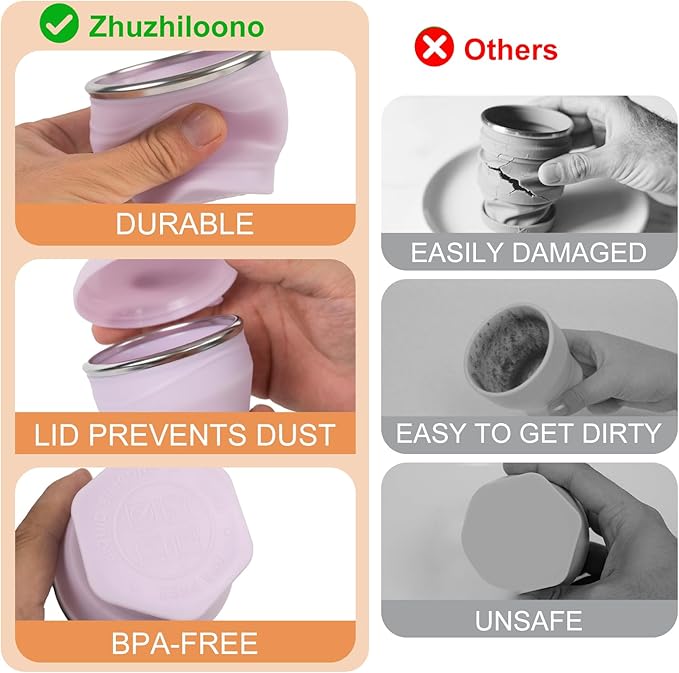 Collapsible Travel Cup with Lid (6oz/180ml) - BPA Free Silicone Folding Cup with Stainless Steel Rim - Portable Pocket Size Drinking Cup for Mouthwash,Pills, Hiking, Camping & Kids(Purple)