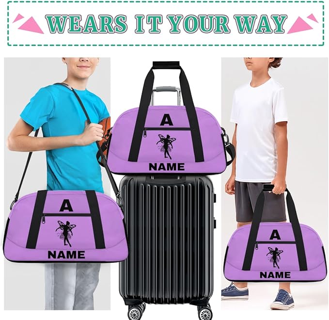 Personalize-Kids-Sports-Duffel-Bags With Custom Name Text Carry-On Overnight Travel Gym Lightweight Dance Pattern Sports Bags For Girls Boys Kids,Lilac