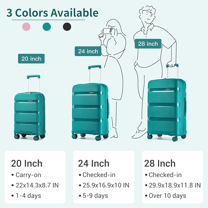 Kono Carry On Luggage 24 Inch Checked-Medium Hard Shell Travel Trolley 4 Spinner Wheels Lightweight Polypropylene Suitcase with TSA Lock, Turquoise