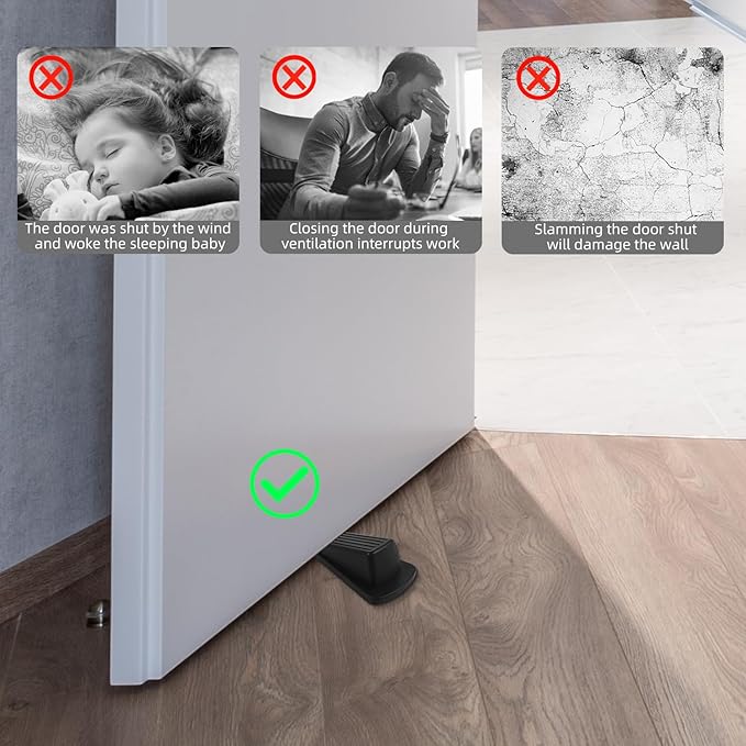 Door Stoppers for Bottom of Door on Floor, Premium Rubber Door Stopper Wedge, Floor Sturdy Stackable Door Stops for Carpet Heavy Duty Door, Door Gaps (Black, 4 Pack)