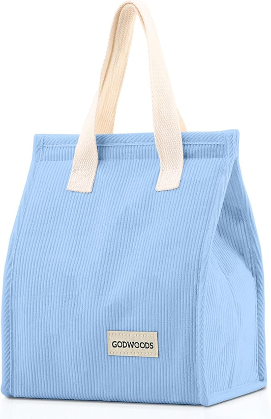 TELLUMO Corduroy Lunch Bag for Women Men Cute Lunch Bag Insulated Lunch Box with Large Capacity (7.5L) Reusable Lunchbag for Work, Picnic, Beach or Travel (S- Corduroy Blue)