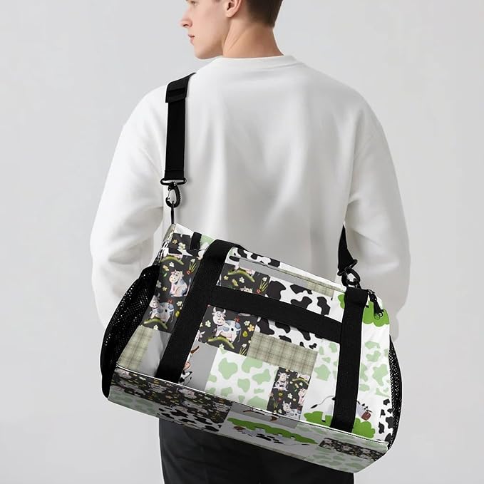 Green Lattice Patchwork Cow Print Waterproof Duffel Bag Adjustable Shoulder Strap Perform Training Travel Bag for Teens Adults Women Men Tote Bag