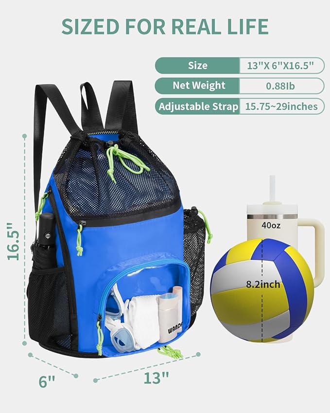 WANDF Swim Bag with Wet Pockets, Sandproof Beach Backpack with 40oz Tumbler Side Pockets, Mesh Drawstring Backpack Swim Bag for Swimming, Pool, Gym and Workout Gear (Blue)