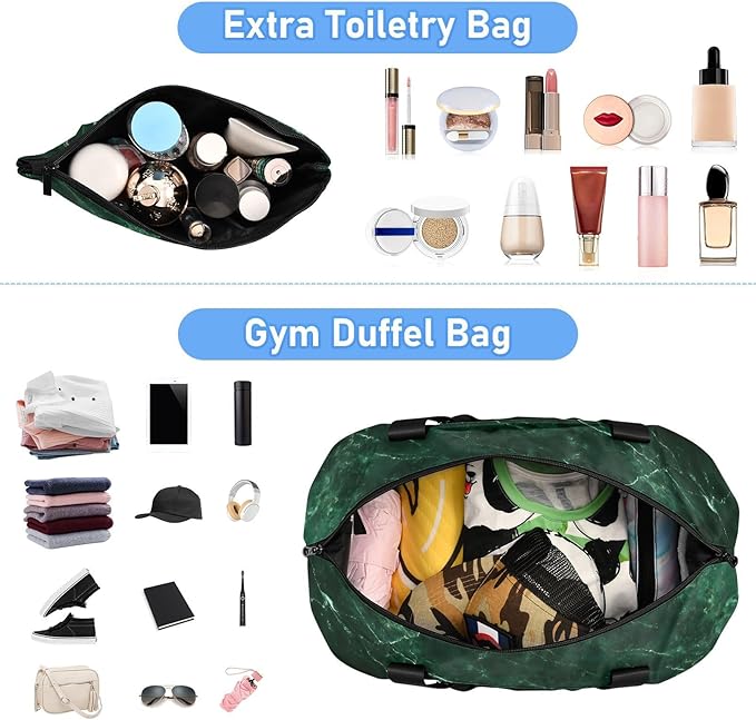 Travel Duffel Bags for Women Emerald Green Marble Print Sports Duffel Bags Gym Bags with Shoes Compartment Tote Bag Weekender Bag for Travelling