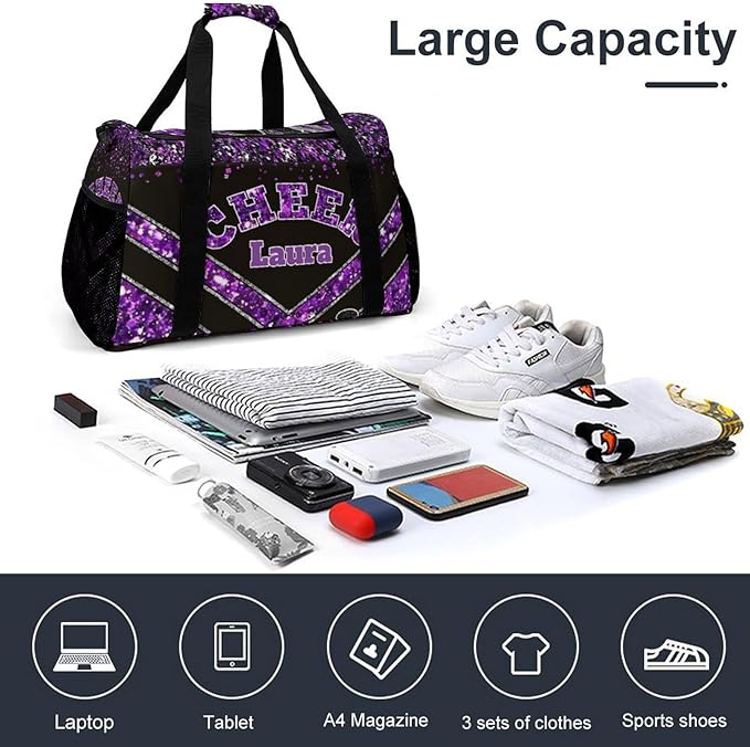 Personalized Cheer Bag Gifts for Girls Sport Cheerleading Gym Travel Duffel Bag Overnight Weekender Bags with Name (Purple)