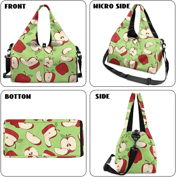 Apple Print Gym Bag that Holds Yoga Mat for Women Portable Green Duffel Bag with Pockets, Workout Bag with Shoe Compartment, Fitness Workout Sports Bag