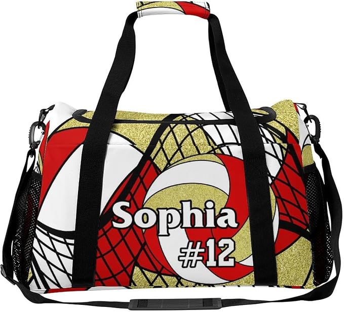 Custom Volleyball Red Gold Duffel Bag with Name Personalized Travel Bags Sport Gym Bag Carry On Weekender Bags for Men Women