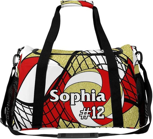 Custom Volleyball Red Gold Duffel Bag with Name Personalized Travel Bags Sport Gym Bag Carry On Weekender Bags for Men Women
