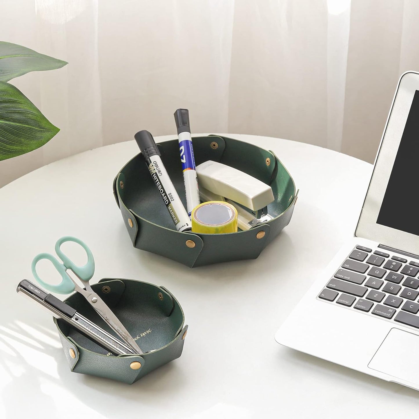 Leather Valet Trays,Premium Catchall Trays,Jewelry Trays, Folding Travel Organizer,Decorative Desk Organizer for RPG Game Players, Office/Home Organization Baskets(2PCS) (Green)