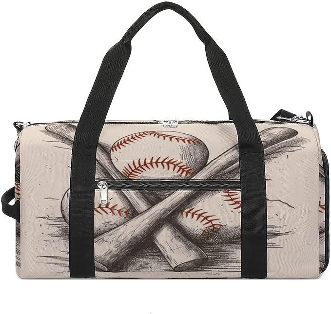 Oxford Cloth Hand Drawn Baseball Bats And Ball Gym Bag,Duffle Bag with Shoes Compartment And Adjustable Shoulder Straps，Weekender Bags for Men Women.
