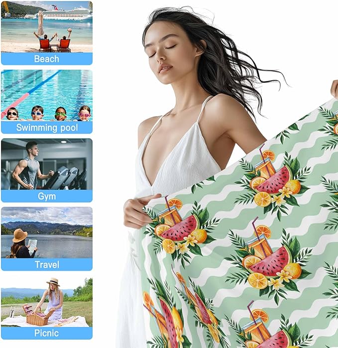 Summer Lemon Watermelon Beach Towel 35" x 71" Tropical Plants Quick Dry Sand Free Pool Towels Green Waves Stripes Soft & Absorbent Compact Towels Beach Accessories for Travel Bathroom Swimming Pool