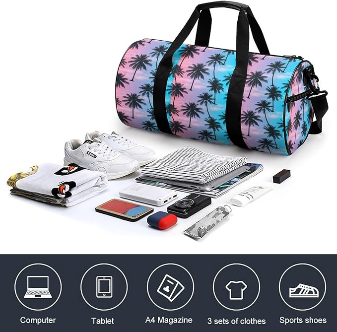 Basketball Football Weekender Bag Purple Sky Palm Trees Carry on Beach Yoga Overnight Luggage Bag Sports Gym Bags for Men Women