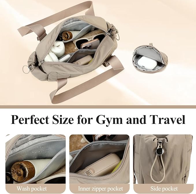 CAMTOP Mini Gym Bag for Women, Small Gym Tote Bag Puffy Quilted Sports Duffel Bag with Wet Compartment and Coin Purse Duffel Bags Dance Yoga Workout Bag for Gifts (Camel, Mini-12.6")