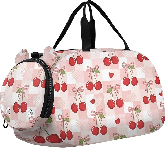 Cute Cherries Bows Pattern Kids Sports Duffle Bag for Boys Girls Toddler Weekender Overnight Bag with Shoe Compartment & Wet Pocket Kids Travel Bag for Travel Sport Gym Dance