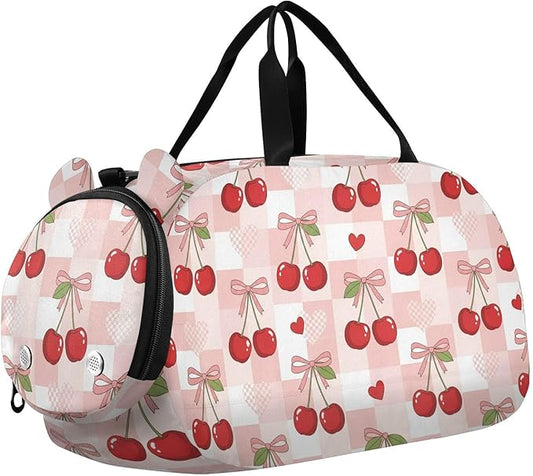 Cute Cherries Bows Pattern Kids Sports Duffle Bag for Boys Girls Toddler Weekender Overnight Bag with Shoe Compartment & Wet Pocket Kids Travel Bag for Travel Sport Gym Dance