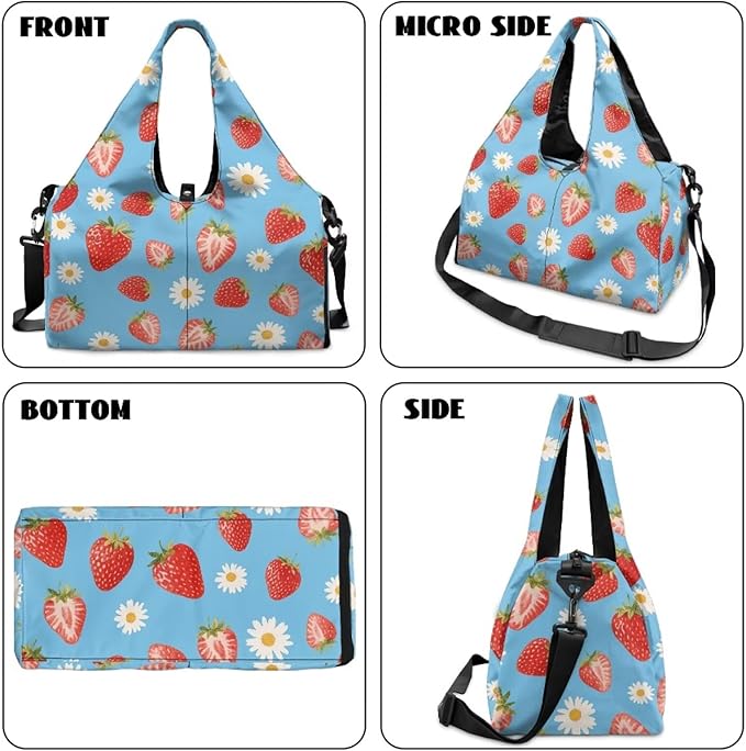 Daisy Duffel Bag for Travel with Shoe Compartment Blue Workout Bag with Yoga Mat Holder for Women, Waterproof Strawberry Print Gym Duffel Adjustable Shoulder Strap