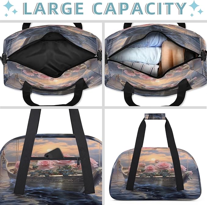 Gym Bag for Women Men, Pink Rose Boat Sunset Travel Duffle Bags for Dance Ballet Overnight, Carry-On Weekender Bag with Detachable Shoulder Strap