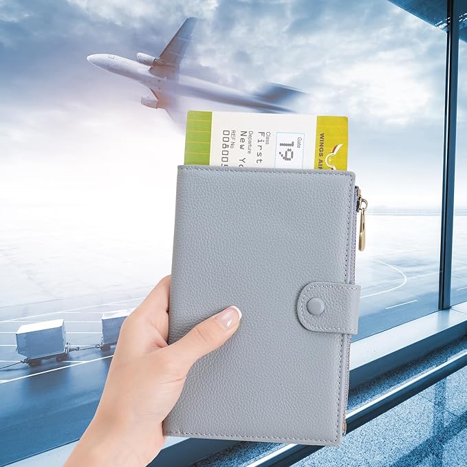 WASON Leather Passport Cover Travel Wallet RFID Blocking – Passport Holder Slot with Zipper Pocket for lD, Boarding Pass,Ticket, Cash, SD Card, Travel Essentials for Men and Women (Light Blue)