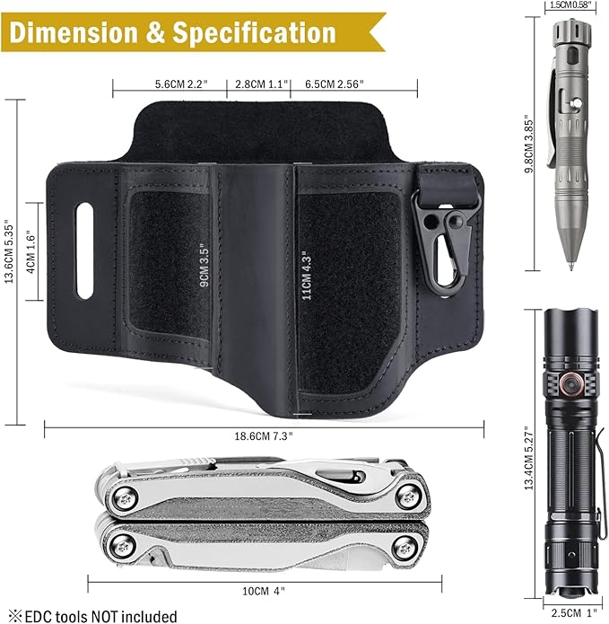 VIPERADE PL3 Multitool Sheath, Leather Sheath with DIY Patch Area, EDC Pocket Organizer for Men, Leatherman Sheath Flashlight Holder with Pen Holder, EDC Belt Organizer with Key Holder (B-Black)