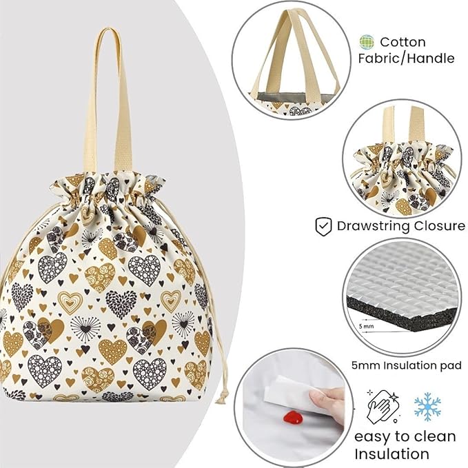 Reusable Small Lunch Bag,Drawstring Lunch Bag,Insulated Handbag Tote bag with Handle (Yellow)