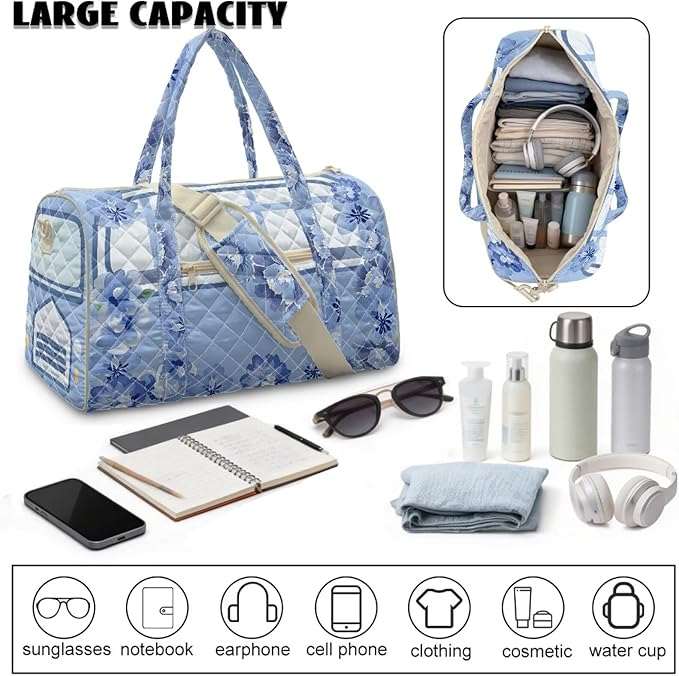 COEQINE Quilted Tote Bag Large Car Duffel Bag Women Travel Blue White Floral Camping Car Gym Bag for Womens for Overnight, Weekend, Yoga