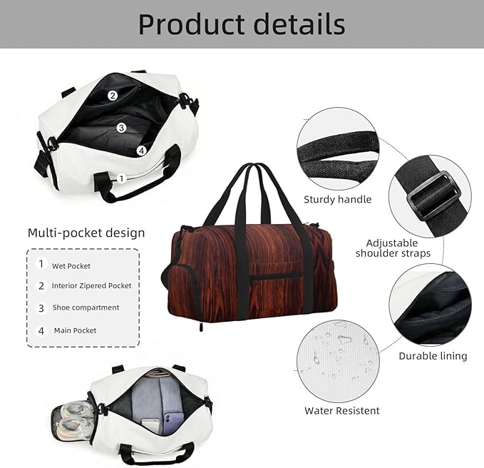 Dark Mahogany Wood Grain Brown Wood Pattern Women'S Gym Duffle Bag With Shoes Compartment, Ideal For Travel, Gym, Sports, Duffel, Weekender