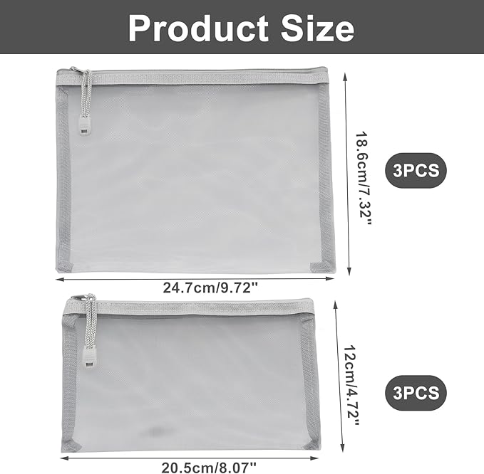 6 Pack Grey Nylon Mesh Cosmetic Bags, Durable Zipper Pouches for Travel, Organizers for Purse, Diaper Bag, and Toiletries(Includes 3 A5 and 3 A6 Sizes)