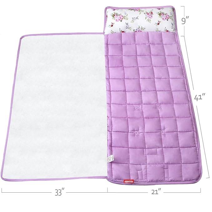 Toddler Nap Mat for Girls Floral, Toddlers Sleeping Mat with Fleece Blanket, Lightweight Perfect for Toddlers Preschool, Daycare, Travel Sleeping Bag, Fit Standard Cot