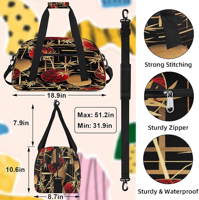 Duffle Bag for Women Men, Red Bamboo Pattern Gym Bag for Travel Sports, Lightweight Waterproof Weekender Overnight Bags with Adjustable Strap
