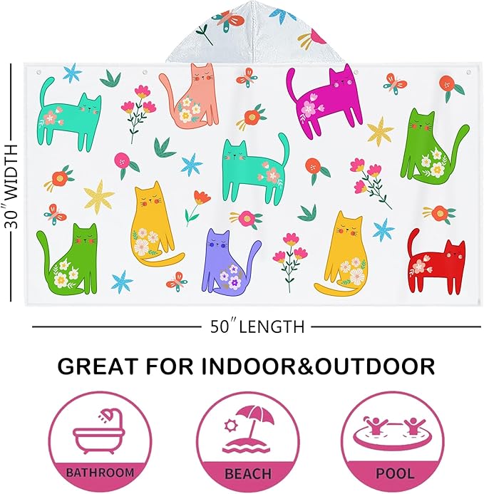 Bonsai Tree Summer Bright Hooded Beach Towel, Cat Lover Kids Poncho Towel for Boys Girls, Quick Dry 30''x50” Bath Towel for Pool Swiming Boys Gifts
