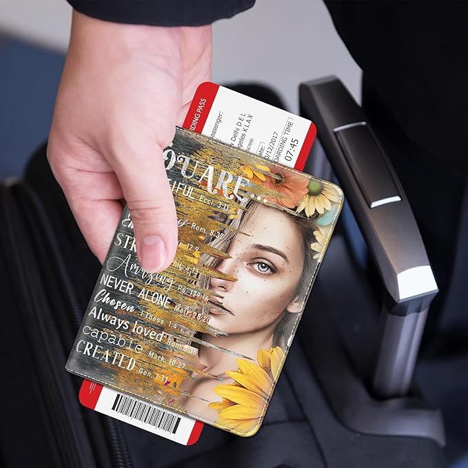 Passport Holder Women Wallet with Luggage Tag, Leather Passport Cover with RFID Blocking, Travel Accessories Multi Card Slot Passport Case for Men，Sunflower Girl Inspirational Quotes