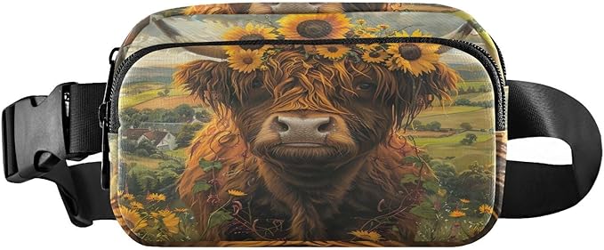 Highland Cow Sunflowers Fanny Pack for Women Men Water Resistant Fashion Waist Packs with Adjustable Strap Belt Bag for Travel Workout Jogging Hiking 21220118